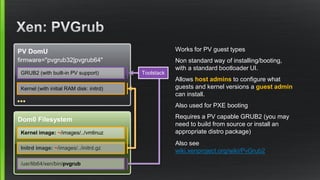 Dom0 Filesystem
PV DomU
firmware="pvgrub32|pvgrub64"
Kernel image: ~/images/../vmlinuz
Initrd image: ~/images/../initrd.gz
Works for PV guest types
Non standard way of installing/booting,
with a standard bootloader UI.
Allows host admins to configure what
guests and kernel versions a guest admin
can install.
Also used for PXE booting
Requires a PV capable GRUB2 (you may
need to build from source or install an
appropriate distro package)
Also see
wiki.xenproject.org/wiki/PvGrub2
/usr/lib64/xen/bin/pvgrub
GRUB2 (with built-in PV support)
Kernel (with initial RAM disk: initrd)
●●●
Toolstack
 