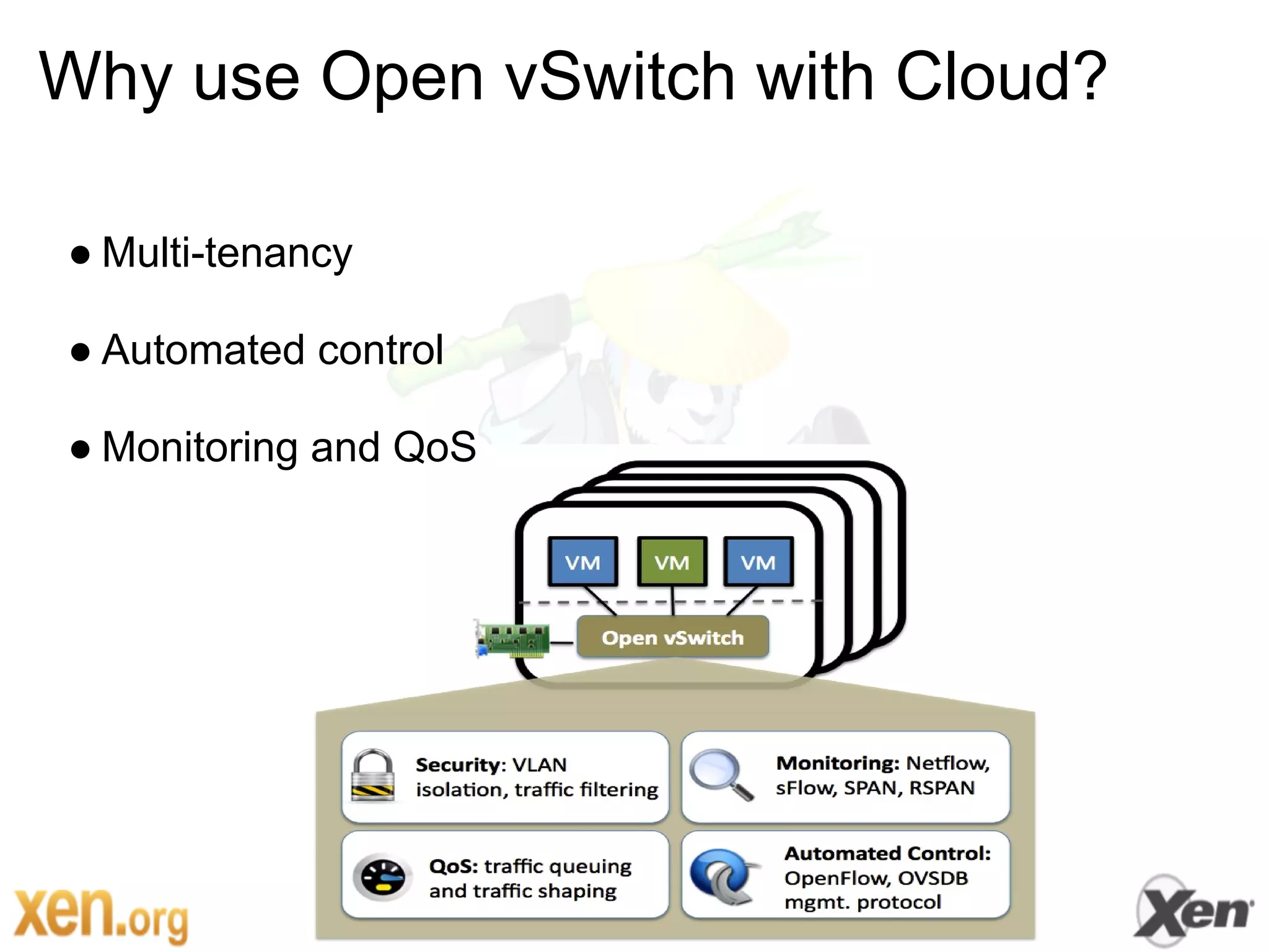Why use Open vSwitch with Cloud?

● Multi-tenancy

● Automated control

● Monitoring and QoS
 