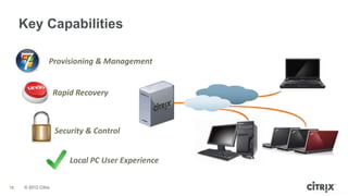 Key Capabilities

                 Provisioning & Management


                     Rapid Recovery



                     Security & Control


                         Local PC User Experience


18   © 2012 Citrix
                                                    © 2012 Virtual Computer Inc
 