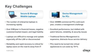 Key Challenges
                   Secure & Manage                                  Device Management
                   Mobile Laptops                                   for PCs

• The number of enterprise laptops is              • Over 200MM commercial PCs sold each
  increasing rapidly                                 year, creates a management challenge

• Over $3B/year in financial losses, negative      • Excellent performance, but riddled with
  customer/market impact, and legal liability        patch failures, reliability, & security issues

• Laptops are difficult to manage and update       • Traditional Device Management is
  especially off the LAN or disconnected             expensive, distracts focus service delivery

• Reliability and rapid recovery is critical for   • PCs need to be turned into virtual
  laptop users on the road & away from IT            appliances to cut costs by 70+%

 © 2012 Citrix
 
