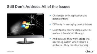 Still Don’t Address All of the Issues

                         Challenges with application and
                          patch conflicts

                         Difficulty in managing device drivers

                         No instant recovery when a virus or
                          malware does break through

                         And because they work inside the,
                          operating system when there’s a
                          problem… they can stop working

© 2012 Citrix
                                                          © 2012 Virtual Computer Inc
 