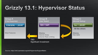 Source: https://wiki.openstack.org/wiki/HypervisorSupportMatrix
Group A
(Fully Supported)
Most Features
KVM/QEMU + LIBVIRT
Group B
(Gate Tested)
Missing:
Volume Swap
Volume Rate Limiting
XEN + XAPI
Group C
(Minimal Testing)
Missing:
See table
All the others
Xen + LIBVIRT
TBD
Significant Investment
 