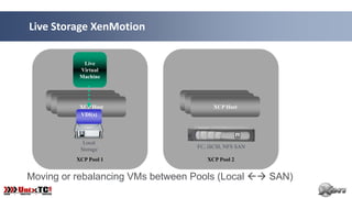 Live Storage XenMotion

               Live
              Virtual
              Machine



     XenServer Hypervisor       XenServer Hypervisor
      XenServer Hypervisor       XenServer Hypervisor
              XCP Host                   XCP Host
               VDI(s)




               Local
              Storage              FC, iSCSI, NFS SAN

             XCP Pool 1                XCP Pool 2


Moving or rebalancing VMs between Pools (Local  SAN)
 