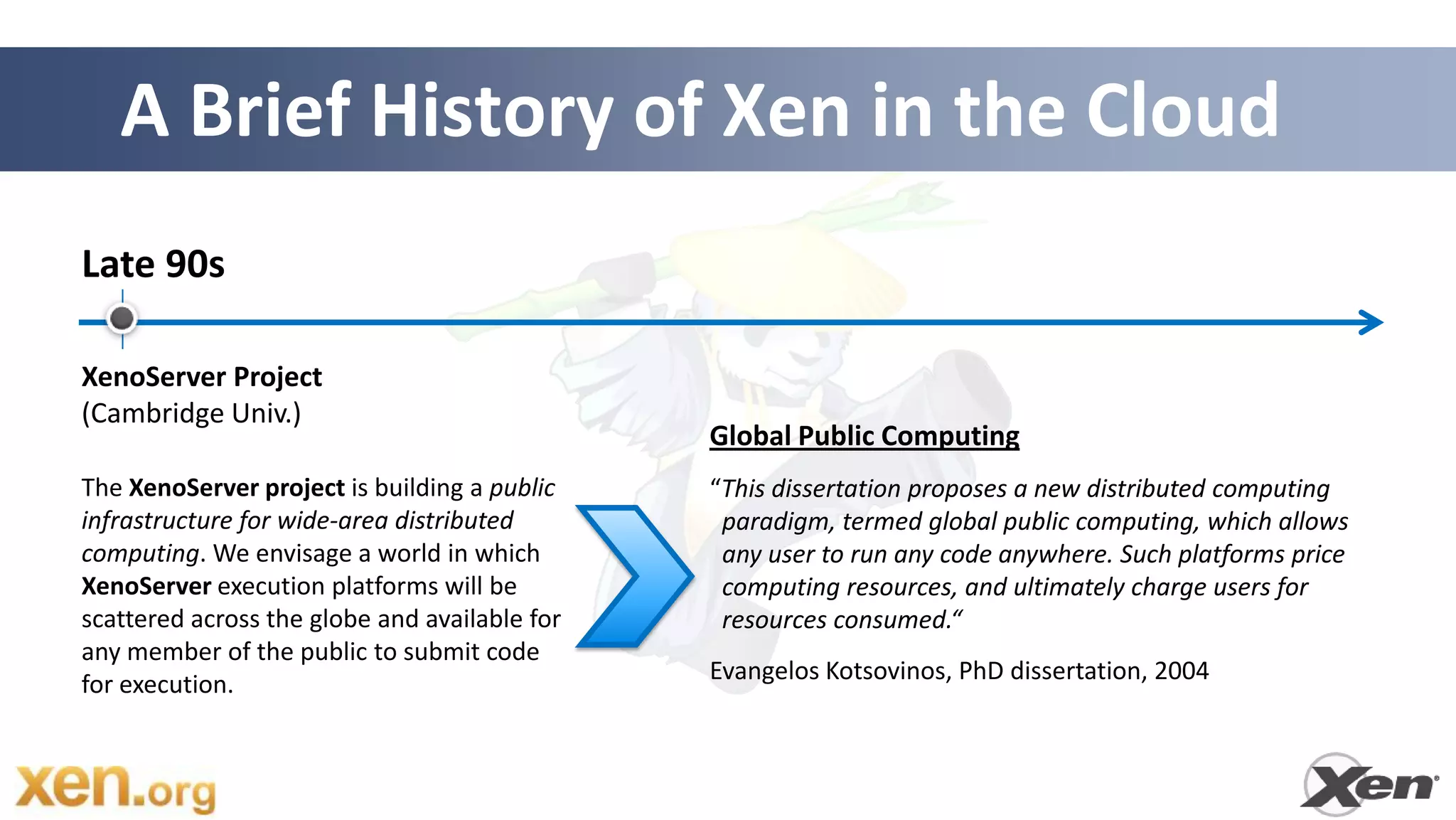 A Brief History of Xen in the Cloud
Late 90s

XenoServer Project
(Cambridge Univ.)
                                               Global Public Computing
The XenoServer project is building a public    “This dissertation proposes a new distributed computing
infrastructure for wide-area distributed        paradigm, termed global public computing, which allows
computing. We envisage a world in which         any user to run any code anywhere. Such platforms price
XenoServer execution platforms will be          computing resources, and ultimately charge users for
scattered across the globe and available for    resources consumed.“
any member of the public to submit code
for execution.                                 Evangelos Kotsovinos, PhD dissertation, 2004
 