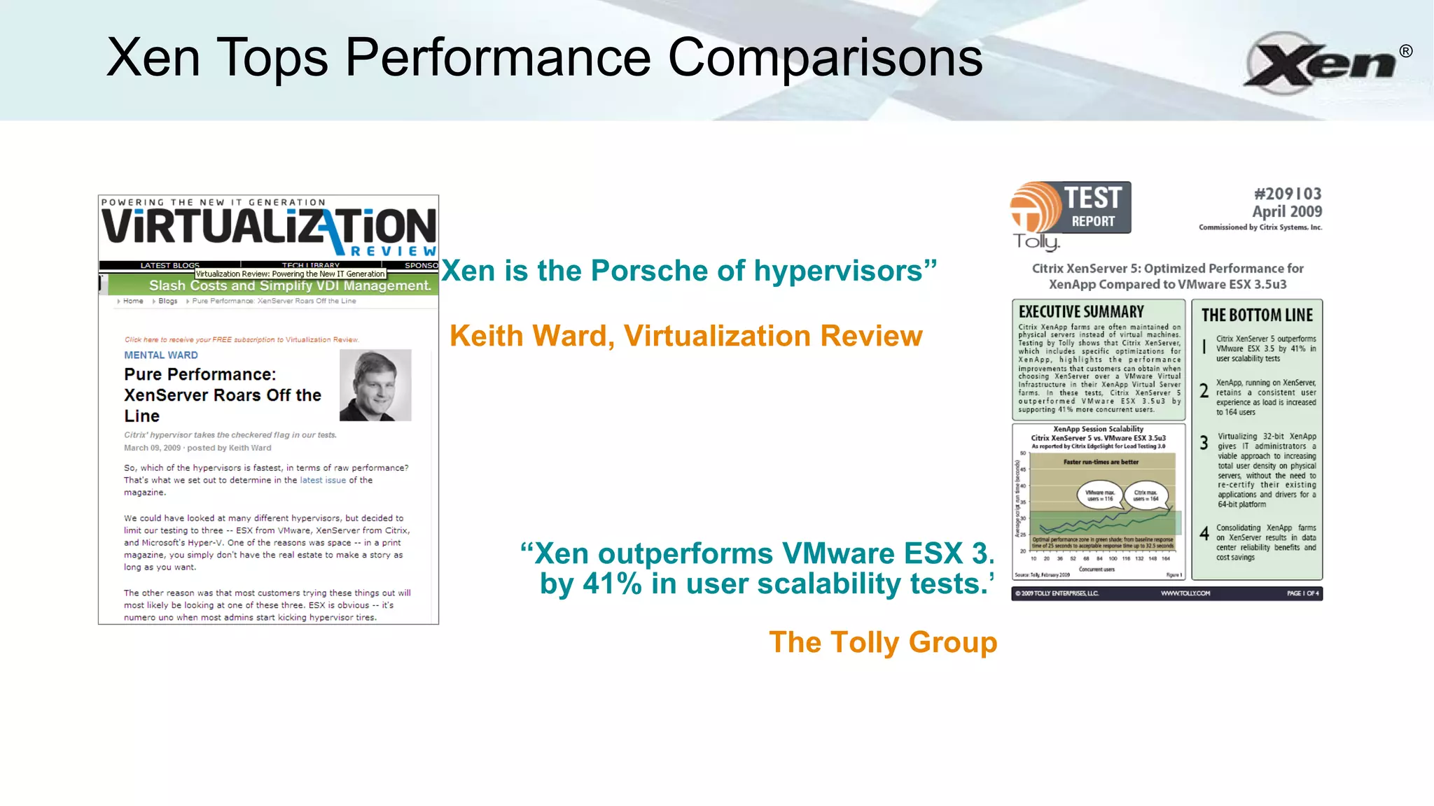 Xen Tops Performance Comparisons                       ®




           “Xen is the Porsche of hypervisors”

            Keith Ward, Virtualization Review




                 “Xen outperforms VMware ESX 3.5
                  by 41% in user scalability tests.”
                                  The Tolly Group
 