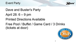 Event Party                                 ®




Dave and Buster's Party
April 28: 6 – 9 pm
Printed Directions Available
Free Pool / Buffet / Game Card / 3 Drinks
(tickets at door)


                                  4
 