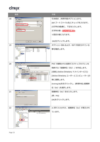 Page 15
画面 手順
18 引き続き、[利用可能オプション]から、
[067 ブートファイル名]にチェックを入れます。
[文字列の値]欄に、下記を入力します。
文字列の値：ARDBP32.bin
※固定の値になります。
[OK]をクリックします。
19 オプション 066 および、067 が設定されている
事を確認します。
20 PVS で展開された仮想デスクトップのマシンを
格納する「組織単位（OU）」を作成します。
[役割]-[Active Directory ドメインサービス]-
[Active Directory ユーザーとコンピューター]の
順に展開します。
[training.lab]を右クリックし、[新規作成]-[組織単
位（OU）]を選択します。
21 組織単位（OU）名を入力します。
[例：PVS]
[OK]をクリックします。
22 21 項で入力された、組織単位（OU）が表示され
ています。
 