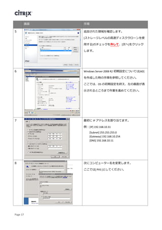 Page 17
画面 手順
5 追加された領域を確認します。
[ストレージレベルの高速ディスククローンを使
用する]のチェックを外して、[次へ]をクリック
します。
6 Windows Server 2008 R2 初期設定については[AD]
を作成した時の手順を参照してください。
ここでは、OS の初期設定を終え、左の画面が表
示されるところまで作業を進めてください。
7 最初に IP アドレスを割り当てます。
例：[IP] 192.168.10.31
[Subnet] 255.255.255.0
[Gateway] 192.168.10.254
[DNS] 192.168.10.11
8 次にコンピューター名を変更します。
ここでは[ PVS ]としてください。
 