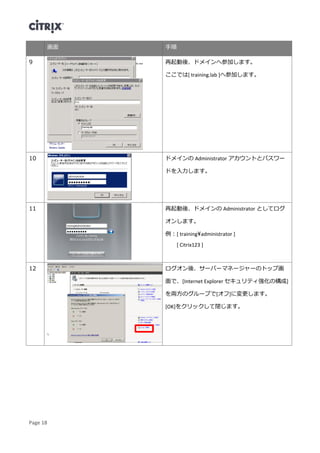 Page 18
画面 手順
9 再起動後、ドメインへ参加します。
ここでは[ training.lab ]へ参加します。
10 ドメインの Administrator アカウントとパスワー
ドを入力します。
11 再起動後、ドメインの Administrator としてログ
オンします。
例：[ trainingadministrator ]
[ Citrix123 ]
12 ログオン後、サーバーマネージャーのトップ画
面で、[Internet Explorer セキュリティ強化の構成]
を両方のグループで[オフ]に変更します。
[OK]をクリックして閉じます。
 