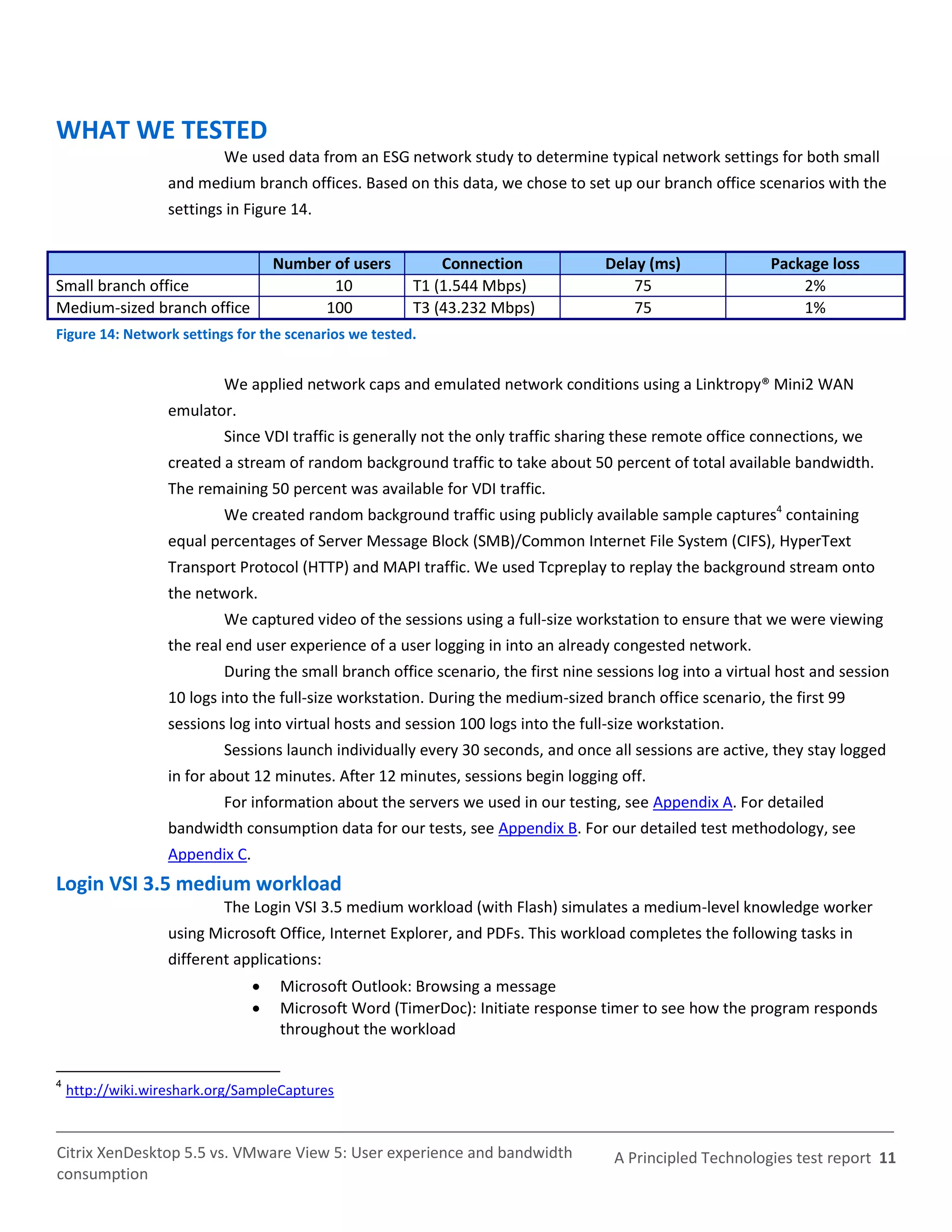 WHAT WE TESTED
                           We used data from an ESG network study to determine typical network settings for both small
                   and medium branch offices. Based on this data, we chose to set up our branch office scenarios with the
                   settings in Figure 14.


                                     Number of users       Connection                Delay (ms)              Package loss
Small branch office                         10         T1 (1.544 Mbps)                   75                      2%
Medium-sized branch office                100          T3 (43.232 Mbps)                  75                      1%
Figure 14: Network settings for the scenarios we tested.


                           We applied network caps and emulated network conditions using a Linktropy® Mini2 WAN
                   emulator.
                           Since VDI traffic is generally not the only traffic sharing these remote office connections, we
                   created a stream of random background traffic to take about 50 percent of total available bandwidth.
                   The remaining 50 percent was available for VDI traffic.
                           We created random background traffic using publicly available sample captures4 containing
                   equal percentages of Server Message Block (SMB)/Common Internet File System (CIFS), HyperText
                   Transport Protocol (HTTP) and MAPI traffic. We used Tcpreplay to replay the background stream onto
                   the network.
                           We captured video of the sessions using a full-size workstation to ensure that we were viewing
                   the real end user experience of a user logging in into an already congested network.
                           During the small branch office scenario, the first nine sessions log into a virtual host and session
                   10 logs into the full-size workstation. During the medium-sized branch office scenario, the first 99
                   sessions log into virtual hosts and session 100 logs into the full-size workstation.
                           Sessions launch individually every 30 seconds, and once all sessions are active, they stay logged
                   in for about 12 minutes. After 12 minutes, sessions begin logging off.
                           For information about the servers we used in our testing, see Appendix A. For detailed
                   bandwidth consumption data for our tests, see Appendix B. For our detailed test methodology, see
                   Appendix C.
Login VSI 3.5 medium workload
                           The Login VSI 3.5 medium workload (with Flash) simulates a medium-level knowledge worker
                   using Microsoft Office, Internet Explorer, and PDFs. This workload completes the following tasks in
                   different applications:
                                    Microsoft Outlook: Browsing a message
                                    Microsoft Word (TimerDoc): Initiate response timer to see how the program responds
                                     throughout the workload


4
    http://wiki.wireshark.org/SampleCaptures



Citrix XenDesktop 5.5 vs. VMware View 5: User experience and bandwidth                A Principled Technologies test report 11
consumption
 