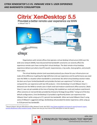  
CITRIX	
  XENDESKTOP	
  5.5	
  VS.	
  VMWARE	
  VIEW	
  5:	
  USER	
  EXPERIENCE	
  
 	
  
AND	
  BANDWIDTH	
  CONSUMPTION	
  




                                                                                                                                                                                                                                                           	
  
                                                                                                                         Organizations	
  with	
  remote	
  offices	
  that	
  operate	
  a	
  virtual	
  desktop	
  infrastructure	
  (VDI)	
  over	
  the	
  
                                                                                 wide	
  area	
  network	
  (WAN),	
  have	
  discovered	
  that	
  bandwidth	
  constraints	
  can	
  severely	
  affect	
  the	
  
                                                                                 experience	
  remote	
  users	
  have	
  running	
  their	
  virtual	
  desktops.	
  The	
  ideal	
  remote	
  virtual	
  desktop	
  
                                                                                 experience	
  delivers	
  just	
  what	
  a	
  local	
  PC	
  would:	
  responsiveness,	
  crisp	
  audio,	
  sharp	
  graphics,	
  and	
  smooth	
  
                                                                                 Flash	
  video.	
  
                                                                                                                         The	
  virtual	
  desktop	
  solution	
  (and	
  associated	
  protocol)	
  you	
  choose	
  for	
  your	
  infrastructure	
  can	
  
                                                                                 make	
  all	
  the	
  difference	
  in	
  getting	
  the	
  high	
  definition	
  end-­‐user	
  experience	
  and	
  the	
  performance	
  you	
  need	
  
                                                                                 over	
  the	
  WAN	
  in	
  a	
  situation	
  where	
  bandwidth	
  is	
  constrained.	
  But	
  which	
  virtual	
  desktop	
  solution	
  makes	
  
                                                                                 the	
  best	
  use	
  of	
  your	
  limited	
  bandwidth	
  and	
  provides	
  the	
  best	
  user	
  experience?	
  To	
  find	
  out,	
  we	
  
                                                                                 compared	
  the	
  user	
  experience	
  with	
  two	
  VDI	
  products	
  –	
  Citrix	
  XenDesktop	
  5.5	
  and	
  VMware	
  View	
  5	
  –	
  
                                                                                 delivered	
  over	
  the	
  WAN	
  to	
  remote	
  users	
  in	
  both	
  small	
  and	
  medium-­‐sized	
  branch	
  office	
  scenarios.	
  (Note:	
  
                                                                                 View	
  5.1	
  was	
  not	
  yet	
  available	
  at	
  the	
  time	
  of	
  testing.)	
  We	
  modeled	
  our	
  small	
  and	
  medium-­‐sized	
  branch	
  
                                                                                 office	
  scenarios	
  on	
  real-­‐world	
  data	
  provided	
  by	
  Enterprise	
  Strategy	
  Group	
  (ESG).1	
  Using	
  out-­‐of-­‐the-­‐box	
  
                                                                                 default	
  configurations,	
  Citrix	
  XenDesktop	
  5.5	
  provided	
  a	
  significantly	
  better	
  user	
  experience	
  than	
  
                                                                                 VMware	
  View	
  5	
  while	
  using	
  up	
  to	
  37.1	
  percent	
  less	
  bandwidth.	
  When	
  we	
  tuned	
  VMware	
  View	
  5	
  using	
  
                                                                                 some	
  of	
  VMware’s	
  suggested	
  settings,	
  XenDesktop	
  still	
  provided	
  the	
  better	
  experience,	
  while	
  using	
  up	
  
                                                                                                                       to	
  33.8	
  percent	
  less	
  bandwidth.	
  
 	
  	
  	
  	
  	
  	
  	
  	
  	
  	
  	
  	
  	
  	
  	
  	
  	
  	
  	
  	
  	
  	
  	
  	
  	
  	
  	
  	
  	
  	
  	
  	
  	
  	
  	
  	
  	
  	
  	
  	
   	
  	
  	
  	
  	
  	
  	
  	
  	
  	
  	
  	
  	
  	
  	
  	
  	
  	
  	
  	
  
 1
  	
  Research	
  Report:	
  Remote	
  Office/Branch	
  Office	
  Network	
  Trends,	
  April	
  2012,	
  http://www.esg-­‐global.com/research-­‐reports/research-­‐report-­‐
 remote-­‐officebranch-­‐office-­‐network-­‐trends/.	
  (Please	
  note	
  that	
  you	
  must	
  have	
  an	
  ESG	
  subscription	
  to	
  view	
  this	
  report.)	
  




                                                                                                                                                                                                                                                                                                                  APRIL	
  2012	
  
                                                                                                                                                                                                                                                     A	
  PRINCIPLED	
  TECHNOLOGIES	
  TEST	
  REPORT	
  
                                                                                                                                                                                                                                                                                                     	
  
                                                                                                                                                                                                                                                                                Commissioned	
  by	
  Citrix	
  Systems,	
  Inc.	
  
 