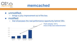 memcached 
● unmodified, 
○ brings a juicy improvement out of the box. 
● modified: 
○ that showcases the real performance opportunity behind OSv. 
That's already ~20 % 
more at http://osv.io/benchmarks/ 
 
