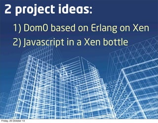 2 project ideas:
1) Dom0 based on Erlang on Xen
2) Javascript in a Xen bottle

Friday, 25 October 13

 