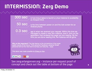 INTERMISSION: Zerg Demo

See zerg.erlangonxen.org — instance-per-request proof of
concept and check out the table at bottom of the page
Friday, 25 October 13

8

 