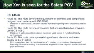 How Xen is seen for the Safety POV
IEC 61508
• Route 1S. This route covers the requirement for elements and components
des...