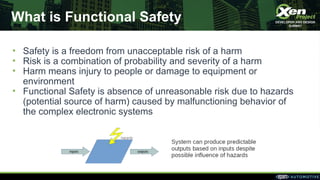 What is Functional Safety
• Safety is a freedom from unacceptable risk of a harm
• Risk is a combination of probability an...