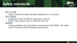 Safety standards
• IEC 61508
• “Basic” functional safety standard applicable to any industry
• ISO 26262
• Adaptation of I...