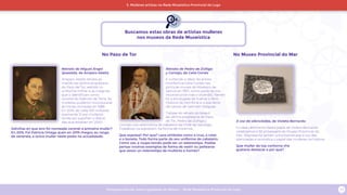 Programa escolar sobre Igualdade de Xénero - Rede Museística Provincial de Lugo 23
No Pazo de Tor No Museo Provincial do Mar
Buscamos estas obras de artistas mulleres
nos museos da Rede Museística
3. Mulleres artistas na Rede Museística Provincial de Lugo
A voz da silenciadas, de Violeta Bernardo
Co descubrimento desta placa de Violeta Bernardo
celebramos o 50 aniversario do Museo Provincial do
Mar. Representa tamén unha homenaxe á voz das
silenciadas e reivindica o papel das mulleres na historia.
Que muller da túa contorna che
gustaría destacar e por que?
Retrato de Pedro de Zúñiga
y Cornejo, de Celia Cortés
É coñecido o labor da artista
monfortina Celia Cortés nas
pinturas murais do Mosteiro de
Samos en 1957, como parte da súa
reconstrución tras o incendio. Tamén
foi a encargada de ilustrar o libro
Historia de Monforte e a súa terra
de Lemos de Germán Vázquez.
Trátase do retrato do bisavó
da última propietaria do Pazo
de Tor, Pedro de Zúñiga y
Cornejo coa vestimenta de cabaleiro da Orde de Santiago.
Fixádevos na expresión, na forma de mirarnos.
Que expresa? Por que? Leva símbolos como a cruz, o colar
e o bonete. Todo forma parte do seu uniforme de cabaleiro.
Como ves, a roupa tamén pode ser un estereotipo. Podías
pensar noutros exemplos de forma de vestir ou peitearse
que sexan un estereotipo de mulleres e homes?
Retrato do Miguel Ángel
Quesada, de Amparo Abella
Amparo Abella retrata ao
marido da última propietaria
do Pazo de Tor, vestido co
uniforme militar e as insignias
que o identifican como
coronel do Exército de Terra. As
mulleres puideron incorporarse
ás Forzas Armadas en 1988.
En 2019, de cada 100 militares
soamente 12 son mulleres.
Aínda así, supoñen o dobre
das que estaban en 2000.
Adiviñas en que ano foi nomeada coronel a primeira muller?
En 2015. Foi Patricia Ortega quen en 2019 chegou ao rango
de xenerala, a única muller neste posto na actualidade.
 