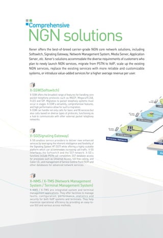 Comprehensive

NGN solutions
Xener offers the best-of-breed carrier-grade NGN core network solutions, including
Softswitch, Signaling Gateway, Network Management System, Media Server, Application
Server, etc. Xener’s solutions accommodate the diverse requirements of customers who
plan to newly launch NGN services, migrate from PSTN to VoIP, scale up the existing
NGN services, replace the existing services with more reliable and customizable
systems, or introduce value-added services for a higher average revenue per user.




X-SSW(Softswitch)
X-SSW offers the broadest range of features for handling core
packet telephony protocols such as MGCP, Megaco/H.248,
H.323 and SIP. Migration to packet telephony systems must
occur in stages. X-SSW’s versatility, comprehensive features,
and high performance allow for such a migration.
X-SSW can handle not only calls for basic and IN services but
also calls based on diverse types of protocols, functioning as
a hub to communicate with other external packet telephony
networks.




X-SG(Signaling Gateway)
X-SG enables service providers to deliver new enhanced
services by leveraging the inherent intelligence and flexibility of
the Signaling System #7 (SS7) while offering a highly scalable
platform which can accommodate increasing call traffic. X-SG
interfaces the Softswitch and the SS7 network. X-SG’s
functions include PSTN call completion; SS7 database access
for processes such as Universal Access, toll-free calling, and
Caller I.D.; and management of Service Control Point (SCP) and
other databases for advanced network services.




X-NMS / X-TMS (Network Management
System / Terminal Management System)
X-NMS / X-TMS are integrated system and terminal
management applications. They offer facilities to manage
faults, configuration, performance, statistics and
security for both VoIP systems and terminals. They help
maximize operational efficiency by providing an easy-to-
use GUI and various access methods.
 