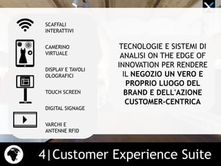 4|Customer Experience Suite
SCAFFALI
INTERATTIVI
CAMERINO
VIRTUALE
DISPLAY E TAVOLI
OLOGRAFICI
TOUCH SCREEN
DIGITAL SIGNAGE
VARCHI E
ANTENNE RFID
TECNOLOGIE E SISTEMI DI
ANALISI ON THE EDGE OF
INNOVATION PER RENDERE
IL NEGOZIO UN VERO E
PROPRIO LUOGO DEL
BRAND E DELL'AZIONE
CUSTOMER-CENTRICA
 