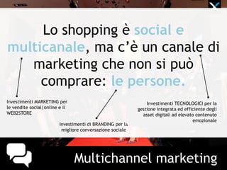 Multichannel marketing
Lo shopping è social e
multicanale, ma c’è un canale di
marketing che non si può
comprare: le persone.
Investimenti MARKETING per
le vendite social|online e il
WEB2STORE
Investimenti di BRANDING per la
migliore conversazione sociale
Investimenti TECNOLOGICI per la
gestione integrata ed efficiente degli
asset digitali ad elevato contenuto
emozionale
 