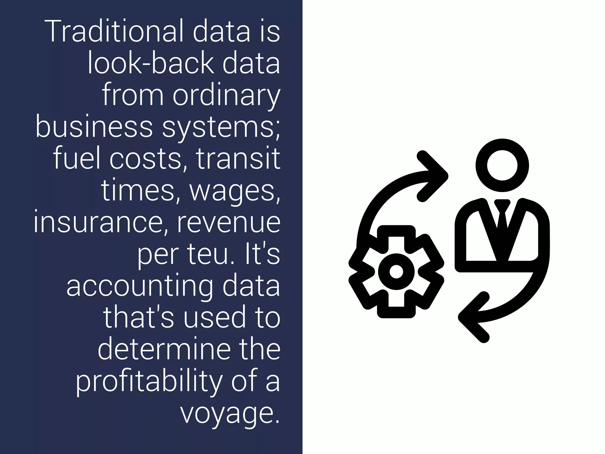 Traditional data is
look-back data
from ordinary
business systems;
fuel costs, transit
times, wages,
insurance, revenue
per teu. It's
accounting data
that's used to
determine the
proﬁtability of a
voyage.
 