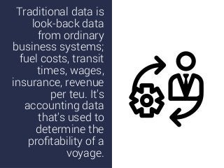 Traditional data is
look-back data
from ordinary
business systems;
fuel costs, transit
times, wages,
insurance, revenue
pe...