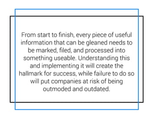 From start to ﬁnish, every piece of useful
information that can be gleaned needs to
be marked, ﬁled, and processed into
something useable. Understanding this
and implementing it will create the
hallmark for success, while failure to do so
will put companies at risk of being
outmoded and outdated.
 