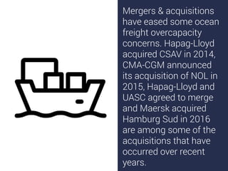 Mergers & acquisitions
have eased some ocean
freight overcapacity
concerns. Hapag-Lloyd
acquired CSAV in 2014,
CMA-CGM ann...