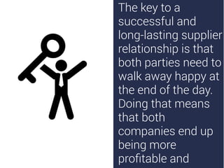 The key to a
successful and
long-lasting supplier
relationship is that
both parties need to
walk away happy at
the end of the day.
Doing that means
that both
companies end up
being more
proﬁtable and
 