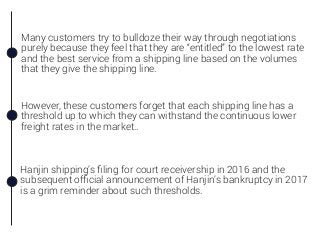 Many customers try to bulldoze their way through negotiations
purely because they feel that they are “entitled” to the lowest rate
and the best service from a shipping line based on the volumes
that they give the shipping line.
However, these customers forget that each shipping line has a
threshold up to which they can withstand the continuous lower
freight rates in the market..
Hanjin shipping’s ﬁling for court receivership in 2016 and the
subsequent ofﬁcial announcement of Hanjin’s bankruptcy in 2017
is a grim reminder about such thresholds.
 