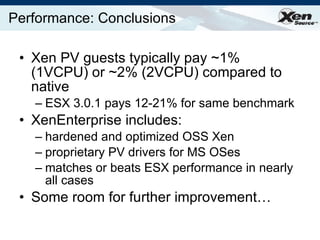 Performance: Conclusions Xen PV guests typically pay ~1% (1VCPU) or ~2% (2VCPU) compared to native ESX 3.0.1 pays 12-21% for same benchmark XenEnterprise includes: hardened and optimized OSS Xen proprietary PV drivers for MS OSes matches or beats ESX performance in nearly all cases Some room for further improvement…  