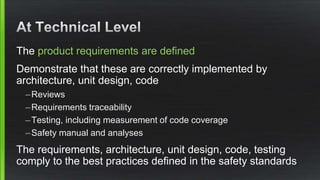 The product requirements are defined
Demonstrate that these are correctly implemented by
architecture, unit design, code
–Reviews
–Requirements traceability
–Testing, including measurement of code coverage
–Safety manual and analyses
The requirements, architecture, unit design, code, testing
comply to the best practices defined in the safety standards
 