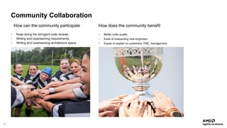 21 |
• Keep doing the stringent code reviews
• Writing and Upstreaming requirements
• Writing and Upstreaming architecture specs
Community Collaboration
How can the community participate How does the community benefit
• Better code quality
• Ease of onboarding new engineers
• Easier to explain to customers, FAE, management
 
