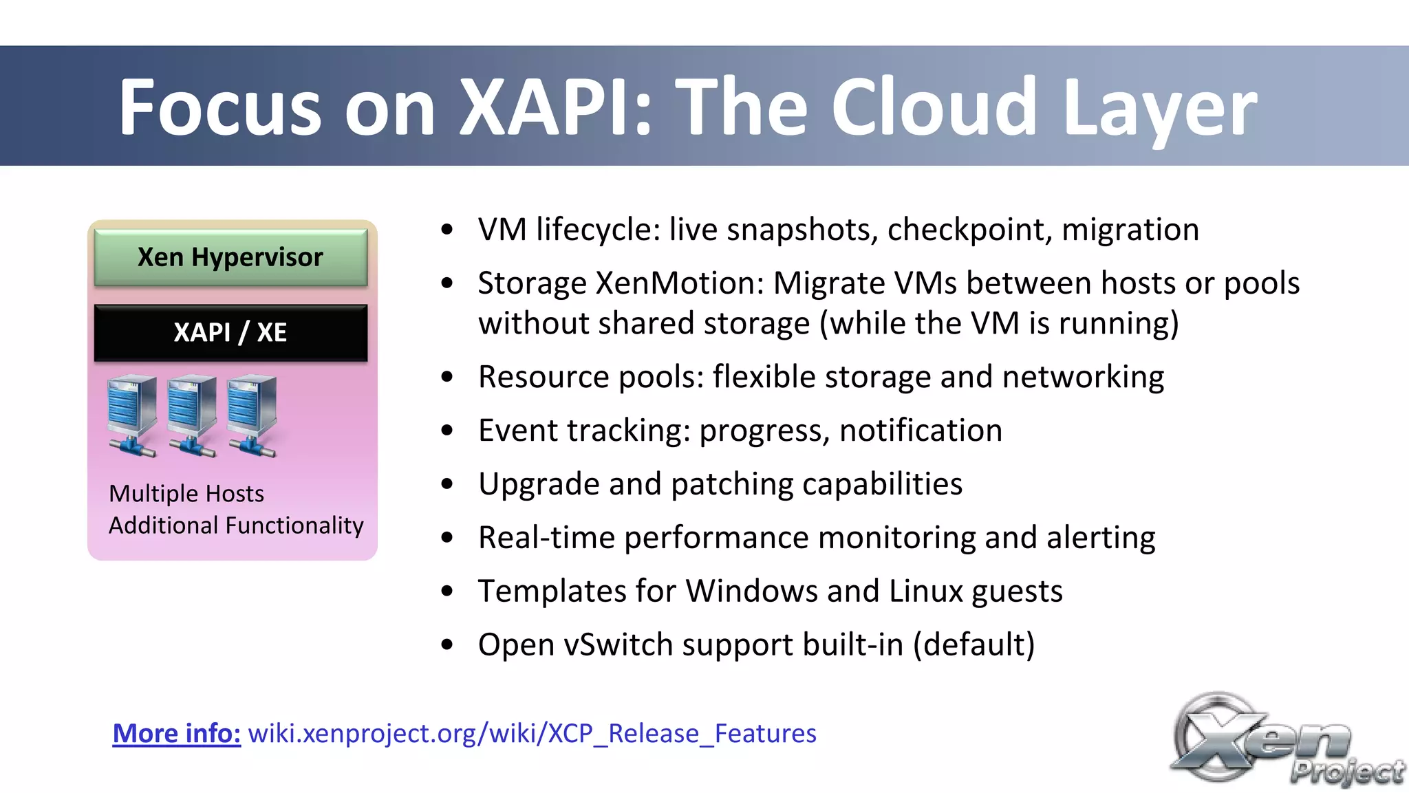 Focus on XAPI: The Cloud Layer
Multiple Hosts
Additional Functionality
XAPI / XE
Xen Hypervisor
• VM lifecycle: live snapshots, checkpoint, migration
• Storage XenMotion: Migrate VMs between hosts or pools
without shared storage (while the VM is running)
• Resource pools: flexible storage and networking
• Event tracking: progress, notification
• Upgrade and patching capabilities
• Real-time performance monitoring and alerting
• Templates for Windows and Linux guests
• Open vSwitch support built-in (default)
More info: wiki.xenproject.org/wiki/XCP_Release_Features
 