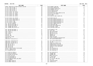 PART NAME PAGE
BEARING, TAPERED ROLLER (FOR FRONT DIFFERENTIAL CASE REAR) ････････････････････････ 133
BELT ASSY, FRONT SEAT INNER, LH ･･･････････････････････････････････････････････････ 289
BELT ASSY, FRONT SEAT INNER, RH ･･･････････････････････････････････････････････････ 289
BELT ASSY, FRONT SEAT OUTER, LH ･･･････････････････････････････････････････････････ 289
BELT ASSY, FRONT SEAT OUTER, RH ･･･････････････････････････････････････････････････ 289
BELT ASSY, REAR NO.1 SEAT, OUTER LH ･･･････････････････････････････････････････････ 289
BELT ASSY, REAR NO.1 SEAT, OUTER RH ･･･････････････････････････････････････････････ 289
BELT ASSY, REAR NO.2 SEAT, INNER LH ･･･････････････････････････････････････････････ 289
BELT ASSY, REAR NO.2 SEAT, INNER RH ･･･････････････････････････････････････････････ 289
BELT ASSY, REAR NO.2 SEAT, OUTER LH ･･･････････････････････････････････････････････ 289
BELT ASSY, REAR NO.2 SEAT, OUTER RH ･･･････････････････････････････････････････････ 289
BELT ASSY, REAR SEAT INNER W/CENTER, LH ･･･････････････････････････････････････････ 289
BELT ASSY, REAR SEAT INNER W/CENTER, RH ･･･････････････････････････････････････････ 289
BELT ASSY, REAR SEAT, INNER ･･･････････････････････････････････････････････････････ 289
BELT ASSY, REAR SEAT, INNER LH ････････････････････････････････････････････････････ 289
BELT, V(FOR FAN & ALTERNATOR) ･････････････････････････････････････････････････････ 81
BEZEL, FRONT DOOR INSIDE HANDLE, LH ･･･････････････････････････････････････････････ 243
BEZEL, FRONT DOOR INSIDE HANDLE, RH ･･･････････････････････････････････････････････ 243
BEZEL, INSTRUMENT PANEL REGISTER ･･････････････････････････････････････････････････ 192
BEZEL, INSTRUMENT PANEL RESISTER, NO.2 ････････････････････････････････････････････ 192
BEZEL, REAR DOOR INSIDE HANDLE, LH ････････････････････････････････････････････････ 251
BEZEL, REAR DOOR INSIDE HANDLE, RH ････････････････････････････････････････････････ 251
BLADE, FR WIPER, LH ･･･････････････････････････････････････････････････････････････ 357
BLADE, FR WIPER, RH ･･･････････････････････････････････････････････････････････････ 357
BLADE, RR WIPER ･･･････････････････････････････････････････････････････････････････ 358
BLOCK ASSY, FUSE ･･････････････････････････････････････････････････････････････････ 339
BLOCK ASSY, SHORT ･････････････････････････････････････････････････････････････････ 52
BLOCK SUB-ASSY, CYLINDER ･･････････････････････････････････････････････････････････ 61
BOARD ASSY, DECK ･･････････････････････････････････････････････････････････････････ 237
BOARD SUB-ASSY, FRONT DOOR TRIM, LH ･･･････････････････････････････････････････････ 242
BOARD SUB-ASSY, FRONT DOOR TRIM, RH ･･･････････････････････････････････････････････ 241
BOARD SUB-ASSY, REAR DOOR TRIM, LH ････････････････････････････････････････････････ 250
BOARD SUB-ASSY, REAR DOOR TRIM, RH ････････････････････････････････････････････････ 250
BOARD, COWL SIDE TRIM, LH ･････････････････････････････････････････････････････････ 231
BOARD, COWL SIDE TRIM, RH ･････････････････････････････････････････････････････････ 231
BOARD, REAR SEAT BACK ･････････････････････････････････････････････････････････････ 276
BOARD, REAR SEAT BACK ･････････････････････････････････････････････････････････････ 278
BODY ASSY, THROTTLE W/THROTTLE POSITION SENSOR ････････････････････････････････････ 96
BODY ASSY, TRANSMISSION VALVE ･････････････････････････････････････････････････････ 123
BOLT (FOR BEARING LOCK PLATE) ･････････････････････････････････････････････････････ 108
BOLT (FOR REAR AXLE BEARING LH) ･･･････････････････････････････････････････････････ 129
BOLT (FOR REAR AXLE BEARING RH) ･･･････････････････････････････････････････････････ 129
BOLT (FOR REVERSE IDLER GEAR SHAFT) ･･･････････････････････････････････････････････ 110
BOLT (FOR SHIFT GATE PLATE) ･･･････････････････････････････････････････････････････ 114
BOLT (FOR STEERING KNUCKLE LH) ････････････････････････････････････････････････････ 161
BOLT (FOR STEERING KNUCKLE RH) ････････････････････････････････････････････････････ 161
BOLT (FOR TRANSMISSION CONTROL CABLE BRACKET) ･････････････････････････････････････ 116
BOLT(FOR ALTERNATOR) ･･････････････････････････････････････････････････････････････ 92
BOLT(FOR CAMSHAFT HOUSING SET) ････････････････････････････････････････････････････ 57
BOLT(FOR CAMSHAFT HOUSING SET) ････････････････････････････････････････････････････ 57
BEARING, - BOLT(FOR
PART NAME PAGE
BOLT(FOR CAMSHAFT TIMING GEAR) ････････････････････････････････････････････････････ 71
BOLT(FOR COOLER EXPANSION VALVE) ･･････････････････････････････････････････････････ 376
BOLT(FOR CRANKSHAFT BEARING CAP SET) ･･････････････････････････････････････････････ 61
BOLT(FOR CRANKSHAFT PULLEY SET) ･･･････････････････････････････････････････････････ 70
BOLT(FOR CYLINDER HEAD COVER) ･････････････････････････････････････････････････････ 58
BOLT(FOR CYLINDER HEAD SET) ･･･････････････････････････････････････････････････････ 57
BOLT(FOR DRIVE PLATE & TORQUE CONVERTER SETTING) ･･････････････････････････････････ 125
BOLT(FOR FLEXIBLE HOSE BRACKET) ･･･････････････････････････････････････････････････ 158
BOLT(FOR FLYWHEEL) ････････････････････････････････････････････････････････････････ 70
BOLT(FOR FRONT DISC BRAKE CYLINDER SLIDE) ･････････････････････････････････････････ 151
BOLT(FOR FRONT STABILIZER) ････････････････････････････････････････････････････････ 165
BOLT(FOR FRONT SUSPENSION LOWER ARM NO.1 LH) ･･････････････････････････････････････ 161
BOLT(FOR FRONT SUSPENSION LOWER ARM NO.1 RH) ･･････････････････････････････････････ 161
BOLT(FOR FRONT SUSPENSION LOWER ARM NO.2 LH) ･･････････････････････････････････････ 161
BOLT(FOR FRONT SUSPENSION LOWER ARM NO.2 RH) ･･････････････････････････････････････ 161
BOLT(FOR HEAD TO CAMSHAFT BEARING CAP) ････････････････････････････････････････････ 57
BOLT(FOR LOWER CONTROL ARM) ･･･････････････････････････････････････････････････････ 167
BOLT(FOR REAR COOLER EXPANSION VALVE) ･････････････････････････････････････････････ 376
BOLT(FOR REAR WHEEL CYLINDER) ･････････････････････････････････････････････････････ 153
BOLT(FOR SPARE WHEEL CARRIER LOCK) ････････････････････････････････････････････････ 170
BOLT(FOR TRANSAXLE OIL PAN) ･･･････････････････････････････････････････････････････ 122
BOLT, BATTERY CLAMP ･･･････････････････････････････････････････････････････････････ 293
BOLT, BRAKE ACTUATOR BRACKET ･･････････････････････････････････････････････････････ 157
BOLT, BRAKE PEDAL STOP, NO.1 ･･････････････････････････････････････････････････････ 147
BOLT, BRAKE PEDAL STOP, NO.2 ･･････････････････････････････････････････････････････ 147
BOLT, COMPRESSOR, NO.1 ････････････････････････････････････････････････････････････ 387
BOLT, CONNECTING ROD ･･････････････････････････････････････････････････････････････ 69
BOLT, EXHAUST PIPE SUPPORT ････････････････････････････････････････････････････････ 85
BOLT, FLEXIBLE ATTACHING(FOR STEERING MAIN SHAFT) ･････････････････････････････････ 140
BOLT, FRONT SUSPENSION MEMBER MOUNTING ････････････････････････････････････････････ 169
BOLT, FRONT SUSPENSION MEMBER MOUNTING ････････････････････････････････････････････ 169
BOLT, FUEL TANK ･･･････････････････････････････････････････････････････････････････ 306
BOLT, HEXAGON (FOR DIFFERENTIAL CASE) ･････････････････････････････････････････････ 133
BOLT, HEXAGON(FOR DRIVE PLATE SETTING) ････････････････････････････････････････････ 125
BOLT, HEXAGON(FOR FRONT DISC BRAKE CALIPER) ･･･････････････････････････････････････ 151
BOLT, HEXAGON(FOR STEERING COLUMN BRACKET) ････････････････････････････････････････ 140
BOLT, HOOD LOCK ･･･････････････････････････････････････････････････････････････････ 181
BOLT, HUB (FOR FRONT AXLE LH) ･････････････････････････････････････････････････････ 138
BOLT, HUB (FOR FRONT AXLE RH) ･････････････････････････････････････････････････････ 138
BOLT, HUB (FOR REAR AXLE LH) ･･････････････････････････････････････････････････････ 129
BOLT, HUB (FOR REAR AXLE RH) ･･････････････････････････････････････････････････････ 129
BOLT, INSTRUMENT PANEL ････････････････････････････････････････････････････････････ 190
BOLT, INSTRUMENT PANEL ････････････････････････････････････････････････････････････ 190
BOLT, MAGNET CLUTCH SETTING ･･･････････････････････････････････････････････････････ 387
BOLT, OIL NOZZLE UNION ････････････････････････････････････････････････････････････ 62
BOLT, REAR SEAT HINGE ･････････････････････････････････････････････････････････････ 273
BOLT, SET (FOR SELECT INNER LEVER) ････････････････････････････････････････････････ 113
BOLT, SHIFT LEVER ･････････････････････････････････････････････････････････････････ 116
BOLT, STEERING GEAR HOUSING ･･･････････････････････････････････････････････････････ 144
BOLT, STEERING LOCK SET ･･･････････････････････････････････････････････････････････ 140
BOLT(FOR - BOLT,
17
 