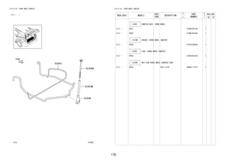 170
FIG.51-53 SPARE WHEEL CARRIER
(2111- )
514020
51900
51919B
51938
51938F
FIG.51-53 SPARE WHEEL CARRIER
PROD_DATE MODELS
SPEC
CODE
DESCRIPTION
R
/
P
PART
NUMBER
O
Y
T
REV_REF
FR TO
+----------+
| 51900 | CARRIER ASSY, SPARE WHEEL
+----------+
2111 - W101 51900-BZ120- 1
2111 - W100 51900-BZ160- 1
+----------+
| 51919B | SPACER, SPARE WHEEL CARRIER
+----------+
2111 - W10# 51919-BZ030- 1
+----------+
| 51938 | LOCK, SPARE WHEEL CARRIER
+----------+
2111 - W10# 51938-BZ120- 1
+----------+
| 51938F | BOLT(FOR SPARE WHEEL CARRIER LOCK)
+----------+
2111 - W10# M12,L=276 9004A-11373- 1
 