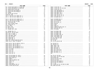 PART NAME PAGE
BOLT, STUD(FOR EXHAUST MANIFOLD TO CYLINDER HEAD) ･････････････････････････････････ 83
BOLT, STUD(FOR INTAKE MANIFOLD TO CYLINDER HEAD) ･･････････････････････････････････ 83
BOLT, UNION(FOR FRONT FLEXIBLE HOSE) ･･････････････････････････････････････････････ 158
BOLT, UNION(FOR REAR SHOCK ABSORBER LH) ･･･････････････････････････････････････････ 167
BOLT, UNION(FOR REAR SHOCK ABSORBER RH) ･･･････････････････････････････････････････ 167
BOLT, W/WASHER ････････････････････････････････････････････････････････････････････ 231
BOLT, WELD(FOR FRONT FLOOR PAN) ･･･････････････････････････････････････････････････ 201
BOOSTER ASSY, BRAKE ･･･････････････････････････････････････････････････････････････ 149
BOOT KIT, FRONT DRIVE SHAFT INBOARD JOINT, LH ･････････････････････････････････････ 136
BOOT KIT, FRONT DRIVE SHAFT INBOARD JOINT, RH ･････････････････････････････････････ 136
BOOT KIT, FRONT DRIVE SHAFT OUTBOARD JOINT, LH ････････････････････････････････････ 136
BOOT KIT, FRONT DRIVE SHAFT OUTBOARD JOINT, RH ････････････････････････････････････ 136
BOOT, BUSH DUST(FOR FRONT DISC BRAKE) ･････････････････････････････････････････････ 151
BOOT, CLUTCH RELEASE FORK ･････････････････････････････････････････････････････････ 97
BOOT, FRONT DISC BRAKE CYLINDER ･･･････････････････････････････････････････････････ 151
BOOT, STEERING RACK, NO.1 ･････････････････････････････････････････････････････････ 144
BOX ASSY, CONSOLE ･････････････････････････････････････････････････････････････････ 211
BOX, CONSOLE, UPPER ･･･････････････････････････････････････････････････････････････ 211
BOX, DECK FLOOR, REAR ･････････････････････････････････････････････････････････････ 237
BOX, INSTRUMENT PANEL, CENTER ･････････････････････････････････････････････････････ 190
BOX, INSTRUMENT PANEL, NO.1 ･･･････････････････････････････････････････････････････ 191
BRACE SUB-ASSY, HOOD LOCK SUPPORT ･････････････････････････････････････････････････ 183
BRACE, COWL TOP TO APRON, LH ･･････････････････････････････････････････････････････ 193
BRACE, COWL TOP TO APRON, RH ･･････････････････････････････････････････････････････ 193
BRACE, FRONT BUMPER, CENTER ･･･････････････････････････････････････････････････････ 172
BRACE, HOOD LOCK SUPPORT ･･････････････････････････････････････････････････････････ 183
BRACE, QUARTER PANEL, LH ･･････････････････････････････････････････････････････････ 224
BRACE, QUARTER PANEL, RH ･･････････････････････････････････････････････････････････ 224
BRACKET ASSY, STEERING COLUMN UPPER W/SWITCH ･･････････････････････････････････････ 140
BRACKET SUB-ASSY, EXHAUST PIPE MOUNTING ･･･････････････････････････････････････････ 201
BRACKET SUB-ASSY, FRONT SEAT MOUNTING, OUTSIDE LH ･････････････････････････････････ 201
BRACKET SUB-ASSY, FRONT SIDE PANEL, LH ････････････････････････････････････････････ 222
BRACKET SUB-ASSY, FRONT SIDE PANEL, RH ････････････････････････････････････････････ 222
BRACKET SUB-ASSY, REAR FLOOR MOUNTING, NO.2 LH ････････････････････････････････････ 204
BRACKET SUB-ASSY, REAR FLOOR MOUNTING, NO.2 RH ････････････････････････････････････ 204
BRACKET, AIR CLEANER ･･････････････････････････････････････････････････････････････ 87
BRACKET, ASSIST GRIP ･･････････････････････････････････････････････････････････････ 222
BRACKET, ASSIST GRIP ･･････････････････････････････････････････････････････････････ 223
BRACKET, ASSIST GRIP, LH ･･････････････････････････････････････････････････････････ 223
BRACKET, ASSIST GRIP, RH ･･････････････････････････････････････････････････････････ 223
BRACKET, BACK DOOR DAMPER STAY, UPPER LH ･･････････････････････････････････････････ 260
BRACKET, BACK DOOR DAMPER STAY, UPPER RH ･･････････････････････････････････････････ 260
BRACKET, BRAKE ACTUATOR, NO.1 ･････････････････････････････････････････････････････ 157
BRACKET, COMPUTER ･････････････････････････････････････････････････････････････････ 344
BRACKET, CONSOLE BOX MOUNTING, REAR ･･･････････････････････････････････････････････ 212
BRACKET, CONTROL CABLE ････････････････････････････････････････････････････････････ 116
BRACKET, COOLER ･･･････････････････････････････････････････････････････････････････ 388
BRACKET, ENGINE COVER ･････････････････････････････････････････････････････････････ 58
BRACKET, ENGINE MOUNTING, REAR, NO.1 ･･････････････････････････････････････････････ 67
BRACKET, FLEXIBLE HOSE(FOR CLUTCH) ････････････････････････････････････････････････ 99
BOLT, - BRACKET,
PART NAME PAGE
BRACKET, FLEXIBLE HOSE, NO.1 ･･････････････････････････････････････････････････････ 158
BRACKET, FLEXIBLE HOSE, NO.1(FOR CLUTCH) ･･････････････････････････････････････････ 99
BRACKET, FLEXIBLE HOSE, NO.2 ･･････････････････････････････････････････････････････ 158
BRACKET, FRONT FENDER MOUNTING, LH ････････････････････････････････････････････････ 183
BRACKET, FRONT FENDER MOUNTING, RH ････････････････････････････････････････････････ 183
BRACKET, FRONT FENDER, REAR LH ････････････････････････････････････････････････････ 222
BRACKET, FRONT FENDER, REAR RH ････････････････････････････････････････････････････ 222
BRACKET, FRONT STABILIZER, NO.1 LH ････････････････････････････････････････････････ 165
BRACKET, FRONT STABILIZER, NO.1 RH ････････････････････････････････････････････････ 165
BRACKET, REAR BUMPER COVER, LH ････････････････････････････････････････････････････ 205
BRACKET, REAR BUMPER COVER, RH ････････････････････････････････････････････････････ 205
BRACKET, ROOF REINFORCEMENT ･･･････････････････････････････････････････････････････ 228
BRACKET, ROOF SIDE RAIL, LH ･･･････････････････････････････････････････････････････ 225
BRACKET, ROOF SIDE RAIL, RH ･･･････････････････････････････････････････････････････ 225
BRACKET, ROOM LAMP ････････････････････････････････････････････････････････････････ 228
BRACKET, SENSOR ･･･････････････････････････････････････････････････････････････････ 341
BRACKET, SENSOR, NO.1 ･････････････････････････････････････････････････････････････ 341
BRACKET, TRANSMISSION CONTROL CABLE, NO.1 ･････････････････････････････････････････ 116
BRACKET, WATER HOSE CLAMP, NO.3 ･･･････････････････････････････････････････････････ 80
BRACKET, WIRE HARNESS ･････････････････････････････････････････････････････････････ 140
BRACKET, WIRE HARNESS CLAMP ･･･････････････････････････････････････････････････････ 58
BRACKET, WIRE HARNESS CLAMP ･･･････････････････････････････････････････････････････ 105
BRACKET, WIRE HARNESS CLAMP ･･･････････････････････････････････････････････････････ 122
BRACKET, WIRE HARNESS CLAMP, NO.1 ･････････････････････････････････････････････････ 122
BRACKET, WIRING HARNESS CLAMP ･････････････････････････････････････････････････････ 62
BRACKET, WIRING HARNESS CLAMP ･････････････････････････････････････････････････････ 201
BULB (FOR LICENSE PLATE LAMP) ･････････････････････････････････････････････････････ 315
BULB(FOR MAP LAMP) ････････････････････････････････････････････････････････････････ 319
BULB, FOG LAMP ････････････････････････････････････････････････････････････････････ 311
BULB, POSITION INDICATOR LAMP ･････････････････････････････････････････････････････ 116
BULB, ROOM LAMP, NO.1 ･････････････････････････････････････････････････････････････ 319
BULB, ROOM LAMP, NO.2 ･････････････････････････････････････････････････････････････ 319
BUMPER, FENDER TO HOOD ････････････････････････････････････････････････････････････ 179
BUMPER, FENDER TO HOOD ････････････････････････････････････････････････････････････ 179
BUMPER, FRONT SPRING, LH ･･････････････････････････････････････････････････････････ 164
BUMPER, FRONT SPRING, RH ･･････････････････････････････････････････････････････････ 164
BUMPER, HOOD TO FRONT SHROUD ･･････････････････････････････････････････････････････ 183
BUMPER, REAR SPRING, NO.1 LH ･･････････････････････････････････････････････････････ 167
BUMPER, REAR SPRING, NO.1 RH ･･････････････････････････････････････････････････････ 167
BUSH ･･････････････････････････････････････････････････････････････････････････････ 285
BUSH (FOR SHIFT FORK SHAFT) ･･･････････････････････････････････････････････････････ 113
BUSH OR SPACER, REAR SEAT BACK HINGE ･･････････････････････････････････････････････ 273
BUSH(FOR BRAKE PEDAL) ･････････････････････････････････････････････････････････････ 147
BUSH(FOR CLUTCH PEDAL SPRING) ･････････････････････････････････････････････････････ 98
BUSH(FOR CLUTCH PEDAL) ････････････････････････････････････････････････････････････ 98
BUSH(FOR FRONT SHOCK ABSORBER LH) ･････････････････････････････････････････････････ 164
BUSH(FOR FRONT SHOCK ABSORBER RH) ･････････････････････････････････････････････････ 164
BUSH, 1ST GEAR ････････････････････････････････････････････････････････････････････ 109
BUSH, CYLINDER SLIDE, NO.1(FOR FRONT DISC BRAKE) ･･････････････････････････････････ 151
BUSH, EXHAUST VALVE GUIDE ･････････････････････････････････････････････････････････ 57
BRACKET, - BUSH,
18
 