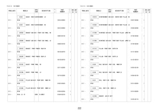 222
FIG.61-51 SIDE MEMBER
PROD_DATE MODELS
SPEC
CODE
DESCRIPTION
R
/
P
PART
NUMBER
O
Y
T
REV_REF
FR TO
+----------+
| 53354 | GUSSET, HOOD REINFORCEMENT, LH
+----------+
2111 - W10# 53416-BZ060- 1
+----------+
| 53355 | GUSSET, HOOD REINFORCEMENT, RH
+----------+
2111 - W10# 53415-BZ060- 1
+----------+
| 53803B | BRACKET SUB-ASSY, FRONT SIDE PANEL, RH
+----------+
2111 - W10# 53803-BZ130- 1
+----------+
| 53804B | BRACKET SUB-ASSY, FRONT SIDE PANEL, LH
+----------+
2111 - W10# 53804-BZ100- 1
+----------+
| 53821B | BRACKET, FRONT FENDER, REAR RH
+----------+
2111 - W10# 58139-BZ070- 1
+----------+
| 53822B | BRACKET, FRONT FENDER, REAR LH
+----------+
2111 - W10# 58139-BZ070- 1
+----------+
| 55723E | GUSSET, FRONT PANEL, RH
+----------+
2111 - W10# 53717-BZ200- 1
+----------+
| 55724B | GUSSET, FRONT PANEL, LH
+----------+
2111 - W10# 53718-BZ200- 1
+----------+
| 61023B | PILLAR SUB-ASSY, FRONT BODY, INNER RH
+----------+
2111 - W10# 61023-BZ420- 1
+----------+
| 61024B | PILLAR SUB-ASSY, FRONT BODY, INNER LH
+----------+
2111 - W10# 61024-BZ350- 1
2111 - W100..LO..5F B2BB D-LOWEST 61024-BZ370- 1
FIG.61-51 SIDE MEMBER
PROD_DATE MODELS
SPEC
CODE
DESCRIPTION
R
/
P
PART
NUMBER
O
Y
T
REV_REF
FR TO
+----------+
| 61037A | REINFORCEMENT SUB-ASSY, CENTER BODY PILLAR, RH
+----------+
2111 - W10# 61037-BZ390- 1
+----------+
| 61038A | REINFORCEMENT SUB-ASSY, CENTER BODY PILLAR, LH
+----------+
2111 - W10# 61038-BZ390- 1
+----------+
| 61108A | REINFORCE SUB-ASSY, FRONT BODY PILLAR, LOWER RH
+----------+
2111 - W10# 61108-BZ240- 1
+----------+
| 61109A | REINFORCE SUB-ASSY, FRONT BODY PILLAR, LOWER LH
+----------+
2111 - W10# 61109-BZ240- 1
+----------+
| 61131C | PILLAR, FRONT BODY, OUTER RH
+----------+
2111 - W10# 61131-BZ530- 1
+----------+
| 61132B | PILLAR, FRONT BODY, OUTER LH
+----------+
2111 - W10# 61132-BZ510- 1
+----------+
| 61203 | RAIL SUB-ASSY, ROOF SIDE, INNER RH
+----------+
2111 - W10# 61203-BZ130- 1
+----------+
| 61204 | RAIL SUB-ASSY, ROOF SIDE, INNER LH
+----------+
2111 - W10# 61204-BZ130- 1
+----------+
| 61231 | RAIL, ROOF SIDE, INNER RH
+----------+
2111 - W10# 61213-BZ020- 1
+----------+
| 61232 | RAIL, ROOF SIDE, INNER LH
+----------+
2111 - W10# 61214-BZ020- 1
+----------+
| 61235B | BRACKET, ASSIST GRIP
+----------+
2111 - W10# 61235-BZ110- 1
 