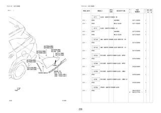226
FIG.61-52 SIDE WINDOW
(2111- )
617203
REFER TO
FIG
(PNC 75641(RH))
(PNC 75642(LH))
69998-BZ010 75-52
62765H
62766
62785A
62786C
62785A
62786C
62763J
62764K
62715H
62716C
62711
62712
FIG.61-52 SIDE WINDOW
PROD_DATE MODELS
SPEC
CODE
DESCRIPTION
R
/
P
PART
NUMBER
O
Y
T
REV_REF
FR TO
+----------+
| 62711 | GLASS, QUARTER WINDOW, RH
+----------+
2111 - W10# ASAHIMAS 62711-BZ350- 1
2111 - W10# MULIA GLASS 62711-BZ430- 1
+----------+
| 62712 | GLASS, QUARTER WINDOW, LH
+----------+
2111 - W10# ASAHIMAS 62712-BZ350- 1
2111 - W10# MULIA GLASS 62712-BZ430- 1
+----------+
| 62715H | DAM, QUARTER WINDOW GLASS ADHESIVE, RH
+----------+
2111 - W10# 62715-BZ040- 1
+----------+
| 62716C | DAM, QUARTER WINDOW GLASS ADHESIVE, LH
+----------+
2111 - W10# 62715-BZ040- 1
+----------+
| 62763J | RETAINER, QUARTER WINDOW GLASS, UPPER
+----------+
2111 - W10# 62763-BZ060- 1
+----------+
| 62764K | RETAINER, QUARTER WINDOW GLASS, UPPER
+----------+
2111 - W10# 62764-BZ060- 1
+----------+
| 62765H | RETAINER, QUARTER WINDOW GLASS, LOWER
+----------+
2111 - W10# 62765-BZ040- 1
+----------+
| 62766 | RETAINER, QUARTER WINDOW GLASS, LOWER LH
+----------+
2111 - W10# 62766-BZ040- 1
+----------+
| 62785A | SPACER, QUARTER WINDOW GLASS
+----------+
2111 - W10#
#
64818-BZ010-
(64818-87704- )
2
1
 