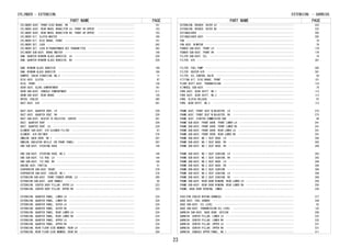 PART NAME PAGE
CYLINDER ASSY, FRONT DISC BRAKE, RH ･･･････････････････････････････････････････････ 151
CYLINDER ASSY, REAR WHEEL BRAKE(FOR LH, FRONT OR UPPER) ･･･････････････････････････ 153
CYLINDER ASSY, REAR WHEEL BRAKE(FOR RH, FRONT OR UPPER) ･･･････････････････････････ 153
CYLINDER KIT, CLUTCH MASTER ･･･････････････････････････････････････････････････････ 100
CYLINDER KIT, DISC BRAKE, FRONT ･･･････････････････････････････････････････････････ 151
CYLINDER SET, LOCK ････････････････････････････････････････････････････････････････ 262
CYLINDER SET, LOCK W/TRANSPONDER KEY TRANSMITTER ･･････････････････････････････････ 262
CYLINDER SUB-ASSY, BRAKE MASTER ･･･････････････････････････････････････････････････ 148
DAM, QUARTER WINDOW GLASS ADHESIVE, LH ････････････････････････････････････････････ 226
DAM, QUARTER WINDOW GLASS ADHESIVE, RH ････････････････････････････････････････････ 226
DAM, WINDOW GLASS ADHESIVE ････････････････････････････････････････････････････････ 194
DAM, WINDOW GLASS ADHESIVE ････････････････････････････････････････････････････････ 194
DAMPER, CHAIN VIBRATION, NO.2 ･････････････････････････････････････････････････････ 71
DISC ASSY, CLUTCH ･････････････････････････････････････････････････････････････････ 97
DISC, FRONT ･･･････････････････････････････････････････････････････････････････････ 138
DOOR ASSY, GLOVE COMPARTMENT ･･････････････････････････････････････････････････････ 191
DOOR SUB-ASSY, CONSOLE COMPARTMENT ････････････････････････････････････････････････ 211
DRUM SUB-ASSY, REAR BRAKE ･････････････････････････････････････････････････････････ 129
DRYER, COOLER ･････････････････････････････････････････････････････････････････････ 385
DUCT ASSY, AIR ････････････････････････････････････････････････････････････････････ 381
DUCT ASSY, QUARTER VENT, LH ･･･････････････････････････････････････････････････････ 229
DUCT ASSY, QUARTER VENT, RH ･･･････････････････････････････････････････････････････ 229
DUCT SUB-ASSY, HEATER TO REGISTER, CENTER ･････････････････････････････････････････ 381
DUCT, QUARTER VENT ････････････････････････････････････････････････････････････････ 229
DUCT, QUARTER VENT, LH ････････････････････････････････････････････････････････････ 229
ELEMENT SUB-ASSY, AIR CLEANER FILTER ･･････････････････････････････････････････････ 87
ELEMENT, AIR REFINER ･･････････････････････････････････････････････････････････････ 376
EMBLEM, BACK DOOR, NO.1 ･･･････････････････････････････････････････････････････････ 297
EMBLEM, RADIATOR GRILLE (OR FRONT PANEL) ･･････････････････････････････････････････ 297
END SUB-ASSY, STEERING RACK ･･･････････････････････････････････････････････････････ 144
END SUB-ASSY, STEERING RACK, NO.2 ･････････････････････････････････････････････････ 144
END SUB-ASSY, TIE ROD, LH ･････････････････････････････････････････････････････････ 144
END SUB-ASSY, TIE ROD, RH ･････････････････････････････････････････････････････････ 144
ENGINE ASSY, PARTIAL ･･････････････････････････････････････････････････････････････ 51
EVAPORATOR SUB-ASSY (REAR) ････････････････････････････････････････････････････････ 376
EVAPORATOR SUB-ASSY, COOLER, NO.1 ･････････････････････････････････････････････････ 376
EXTENSION SUB-ASSY, FRONT FENDER APRON, LH ････････････････････････････････････････ 200
EXTENSION SUB-ASSY, JACK HANDLE ･･･････････････････････････････････････････････････ 50
EXTENSION, CENTER BODY PILLAR, UPPER LH ･･･････････････････････････････････････････ 223
EXTENSION, CENTER BODY PILLAR, UPPER RH ･･･････････････････････････････････････････ 223
EXTENSION, QUARTER PANEL, LOWER LH ････････････････････････････････････････････････ 224
EXTENSION, QUARTER PANEL, LOWER RH ････････････････････････････････････････････････ 224
EXTENSION, QUARTER PANEL, OUTER LH ････････････････････････････････････････････････ 224
EXTENSION, QUARTER PANEL, OUTER RH ････････････････････････････････････････････････ 224
EXTENSION, QUARTER PANEL, REAR LOWER LH ･･･････････････････････････････････････････ 224
EXTENSION, QUARTER PANEL, REAR LOWER RH ･･･････････････････････････････････････････ 224
EXTENSION, QUARTER PANEL, UPPER LH ････････････････････････････････････････････････ 224
EXTENSION, QUARTER PANEL, UPPER RH ････････････････････････････････････････････････ 224
EXTENSION, REAR FLOOR SIDE MEMBER, REAR LH ････････････････････････････････････････ 204
EXTENSION, REAR FLOOR SIDE MEMBER, REAR RH ････････････････････････････････････････ 204
CYLINDER - EXTENSION,
PART NAME PAGE
EXTENSION, ROCKER, OUTER LH ･･･････････････････････････････････････････････････････ 223
EXTENSION, ROCKER, OUTER RH ･･･････････････････････････････････････････････････････ 223
EXTINGUISHER ･･････････････････････････････････････････････････････････････････････ 292
EXTINGUISHER ASSY ･････････････････････････････････････････････････････････････････ 292
FAN ･･･････････････････････････････････････････････････････････････････････････････ 79
FAN ASSY, W/MOTOR ･････････････････････････････････････････････････････････････････ 79
FENDER SUB-ASSY, FRONT LH ･････････････････････････････････････････････････････････ 179
FENDER SUB-ASSY, FRONT RH ･････････････････････････････････････････････････････････ 179
FILTER SUB-ASSY, OIL ･･････････････････････････････････････････････････････････････ 74
FILTER, AIR ･･･････････････････････････････････････････････････････････････････････ 381
FILTER, FUEL PUMP ･････････････････････････････････････････････････････････････････ 305
FILTER, HEATER AIR ････････････････････････････････････････････････････････････････ 381
FILTER, OIL CONTROL VALVE ･････････････････････････････････････････････････････････ 58
FITTING KIT, DISC BRAKE, FRONT ････････････････････････････････････････････････････ 151
FLOOR SHIFT ASSY, TRANSMISSION ････････････････････････････････････････････････････ 116
FLYWHEEL SUB-ASSY ･････････････････････････････････････････････････････････････････ 70
FORK ASSY, GEAR SHIFT, NO.1 ･･･････････････････････････････････････････････････････ 113
FORK ASSY, GEAR SHIFT, NO.2 ･･･････････････････････････････････････････････････････ 113
FORK, CLUTCH RELEASE ･･････････････････････････････････････････････････････････････ 97
FORK, GEAR SHIFT, NO.3 ････････････････････････････････････････････････････････････ 113
FRAME ASSY, FRONT SEAT W/ADJUSTER, LH ･････････････････････････････････････････････ 273
FRAME ASSY, FRONT SEAT W/ADJUSTER, RH ･････････････････････････････････････････････ 273
FRAME ASSY, STARTER COMMUTATOR END ････････････････････････････････････････････････ 94
FRAME SUB-ASSY, FRONT DOOR, FRONT LOWER LH ････････････････････････････････････････ 241
FRAME SUB-ASSY, FRONT DOOR, FRONT LOWER RH ････････････････････････････････････････ 241
FRAME SUB-ASSY, FRONT DOOR, REAR LOWER LH ･････････････････････････････････････････ 241
FRAME SUB-ASSY, FRONT DOOR, REAR LOWER RH ･････････････････････････････････････････ 241
FRAME SUB-ASSY, NO.1 SEAT BACK, LH ････････････････････････････････････････････････ 284
FRAME SUB-ASSY, NO.1 SEAT BACK, RH ････････････････････････････････････････････････ 283
FRAME SUB-ASSY, NO.1 SEAT BACK, RH ････････････････････････････････････････････････ 284
FRAME SUB-ASSY, NO.1 SEAT CUSHION, LH ･････････････････････････････････････････････ 283
FRAME SUB-ASSY, NO.1 SEAT CUSHION, RH ･････････････････････････････････････････････ 283
FRAME SUB-ASSY, NO.2 SEAT BACK, LH ････････････････････････････････････････････････ 284
FRAME SUB-ASSY, NO.2 SEAT BACK, RH ････････････････････････････････････････････････ 284
FRAME SUB-ASSY, NO.2 SEAT CUSHION ･････････････････････････････････････････････････ 284
FRAME SUB-ASSY, NO.2 SEAT CUSHION, LH ･････････････････････････････････････････････ 284
FRAME SUB-ASSY, NO.2 SEAT CUSHION, RH ･････････････････････････････････････････････ 284
FRAME SUB-ASSY, REAR DOOR WINDOW, REAR LOWER LH ･･･････････････････････････････････ 250
FRAME SUB-ASSY, REAR DOOR WINDOW, REAR LOWER RH ･･･････････････････････････････････ 250
FRAME, BACK DOOR OPENING, INNER ･･･････････････････････････････････････････････････ 228
FUSE(FOR COOLER WIRING HARNESS) ･･･････････････････････････････････････････････････ 377
GAGE ASSY, FUEL SENDER ････････････････････････････････････････････････････････････ 339
GAGE SUB-ASSY, OIL LEVEL ･･････････････････････････････････････････････････････････ 62
GAGE SUB-ASSY, TRANSMISSION OIL LEVEL ･････････････････････････････････････････････ 122
GARNISH SUB-ASSY, BACK DOOR, OUTSIDE ･･････････････････････････････････････････････ 258
GARNISH, CENTER PILLAR, LOWER LH ･･････････････････････････････････････････････････ 232
GARNISH, CENTER PILLAR, LOWER RH ･･････････････････････････････････････････････････ 232
GARNISH, CENTER PILLAR, UPPER LH ･･････････････････････････････････････････････････ 231
GARNISH, CENTER PILLAR, UPPER RH ･･････････････････････････････････････････････････ 231
GARNISH, CONSOLE UPPER PANEL, NO.1 ････････････････････････････････････････････････ 211
EXTENSION, - GARNISH,
23
 