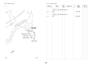 238
FIG.65-54 REAR BODY SIDE PANEL
(2111- )
651473
65637
65638
9004A-46323
9004A-46323
9004A-46380
9004A-46380(2)
FIG.65-54 REAR BODY SIDE PANEL
PROD_DATE MODELS
SPEC
CODE
DESCRIPTION
R
/
P
PART
NUMBER
O
Y
T
REV_REF
FR TO
+----------+
| 65637 | LINER, REAR WHEEL HOUSE, RH
+----------+
2111 - W10# 65637-BZ280- 1
+----------+
| 65638 | LINER, REAR WHEEL HOUSE, LH
+----------+
2111 - W10# 65638-BZ280- 1
 
