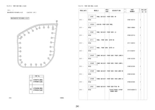 241
FIG.67-51 FRONT DOOR PANEL & GLASS
(2111- )
WEATHERSTRIP RETAINER & CLIP ILLUST NO. 3 OF 3
67B662
67869E
67869J
67867C
67868C
FIG.67-51 FRONT DOOR PANEL & GLASS
PROD_DATE MODELS
SPEC
CODE
DESCRIPTION
R
/
P
PART
NUMBER
O
Y
T
REV_REF
FR TO
+----------+
| 67001 | PANEL SUB-ASSY, FRONT DOOR, RH
+----------+
2111 - W10# 67001-BZ710- 1
+----------+
| 67001A | CUSHION, FRONT DOOR PANEL
+----------+
2111 - W10# 90541-09069- 2
+----------+
| 67002 | PANEL SUB-ASSY, FRONT DOOR, LH
+----------+
2111 - W10# 67002-BZ710- 1
+----------+
| 67111 | PANEL, FRONT DOOR, OUTER RH
+----------+
2111 - W10# 67111-BZ410- 1
+----------+
| 67112 | PANEL, FRONT DOOR, OUTER LH
+----------+
2111 - W10# 67112-BZ410- 1
+----------+
| 67401F | FRAME SUB-ASSY, FRONT DOOR, FRONT LOWER R
H
+----------+
2111 - W10# 67401-BZ150- 1
+----------+
| 67402F | FRAME SUB-ASSY, FRONT DOOR, FRONT LOWER L
H
+----------+
2111 - W10# 67402-BZ160- 1
+----------+
| 67403F | FRAME SUB-ASSY, FRONT DOOR, REAR LOWER RH
+----------+
2111 - W10# 67403-BZ180- 1
+----------+
| 67404F | FRAME SUB-ASSY, FRONT DOOR, REAR LOWER LH
+----------+
2111 - W10# 67404-BZ180- 1
+----------+
| 67601 | BOARD SUB-ASSY, FRONT DOOR TRIM, RH
+----------+
2111 - W10# BLACK(TRIM2#),W/PART
NUMBER MARK
67610-BZ830-C1 1
 