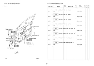 247
FIG.67-54 FRONT DOOR WINDOW REGULATOR & HINGE
(2111- )
67B550
REFER TO
FIG
(PNC 82151(RH))
(PNC 82152(LH))
90041-68063(3)
90041-05575(2)
90041-05575(2)
9004A-10134(2)
9004A-10134(2)
82-02
68710
68720
68730
68740
69801
69802
9004A-11309(2)
9004A-11309(2)
9004A-11309(4)
85710D
85720C
FIG.67-54 FRONT DOOR WINDOW REGULATOR & HINGE
PROD_DATE MODELS
SPEC
CODE
DESCRIPTION
R
/
P
PART
NUMBER
O
Y
T
REV_REF
FR TO
+----------+
| 68710 | HINGE ASSY, FRONT DOOR, UPPER RH
+----------+
2111 - W10# 68710-BZ140- 1
+----------+
| 68720 | HINGE ASSY, FRONT DOOR, UPPER LH
+----------+
2111 - W10# 68720-BZ110- 1
+----------+
| 68730 | HINGE ASSY, FRONT DOOR, LOWER RH
+----------+
2111 - W10# 68720-BZ110- 1
+----------+
| 68740 | HINGE ASSY, FRONT DOOR, LOWER LH
+----------+
2111 - W10# 68710-BZ140- 1
+----------+
| 69801 | REGULATOR SUB-ASSY, FRONT DOOR WINDOW, RH
+----------+
2111 - W10# 69801-BZ150- 1
+----------+
| 69802 | REGULATOR SUB-ASSY, FRONT DOOR WINDOW, LH
+----------+
2111 - W10# 69802-BZ150- 1
+----------+
| 85710D | MOTOR ASSY, POWER WINDOW REGULATOR, RH
+----------+
2111 - W10# 85710-BZ210- 1
+----------+
| 85720C | MOTOR ASSY, POWER WINDOW REGULATOR, LH
+----------+
2111 - W10# 85720-BZ240- 1
 