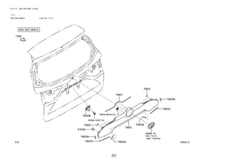 257
FIG.67-61 BACK DOOR PANEL & GLASS
(2111- )
BACK DOOR GARNISH ILLUST NO. 2 OF 2
67B630-B
REFER TO
FIG
(PNC 75431A)
9004A-10227(2)
76826A
75-51
76825B
76825C
67939C
76801
76899-B0020(2)
76821
76822A
76822A
76825
76825
76825B
76825C
 