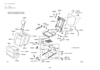 271
FIG.71-51 SEAT & SEAT TRACK
(2111- )HI,MID
RR NO.2 SEAT(SEPARATE TYPE) RH
71E095
REFER TO
FIG
(PNC 73580)
71671B
71147-BZ010(6)
79956B
71843A
71650B
72525J
90041-05547
90041-05547
79275C
79023
7181CD
71940D
71931C
71955A
79021
93568-55014(3)
79203A
72661K
72921A
72661H
71693
82711E
71881A
72570C
90179-10065(2)
71878E
71331A
71331A
72749A
72749A
71694
79030B
71876Y
71875V
79201B
71331A
72749A
71385
71385
71385
71385
72656E
72656E 71-52
79236A
90041-05547(2)
71650B
71650B
90041-83061
71672B
7181CF
79235E
 