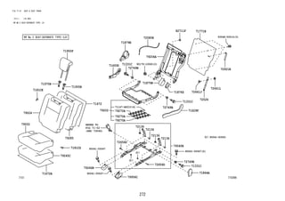 272
FIG.71-51 SEAT & SEAT TRACK
(2111- )HI,MID
RR NO.2 SEAT(SEPARATE TYPE) LH
71E096
REFER TO
FIG
(PNC 73590)
71672A
71672
71147-BZ010(6)
90041-83061
79270A
79270A
79270A
72526
90041-05547
90041-05547
79285
79024
7181CE
71950F
71955B
71970B
79022
93568-55014(3)
79204A
72661J
72661L
72921B
71693D 90179-10065(2)
71331C
71331C
72749B
72749B
71629F
79040B
71876Z
71875W
72136
72136
72136
72136
72656D
72656D
71-52
79246B
79956C
71844A
72749B
71331C
79202
71879E
72580B
71771B
82711F
90041-05547(2)
7181CG
79245C
 
