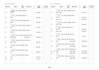 275
FIG.71-51 SEAT & SEAT TRACK
PROD_DATE MODELS
SPEC
CODE
DESCRIPTION
R
/
P
PART
NUMBER
O
Y
T
REV_REF
FR TO
+----------+
| 71611A | PAD, REAR SEAT CUSHION, RH
CONTINUED--+
2111 - W100 71613-BZ040- 1
+----------+
| 71612A | PAD, REAR SEAT CUSHION, LH
+----------+
2111 - W10# 71504-BZ430- 1
+----------+
| 71621A | PAD, REAR SEAT CUSHION SILENCER, A
+----------+
2111 - W10# 71621-BZ070- 1
+----------+
| 71621B | PAD, REAR SEAT CUSHION SILENCER, NO.2
+----------+
2111 - W10# 71621-BZ080- 1
+----------+
| 71622A | PAD, REAR SEAT CUSHION SILENCER, B
+----------+
2111 - W100..LO 71622-BZ100- 1
+----------+
| 71629F | COVER, REAR SEAT CUSHION HINGE, OUTER LH
+----------+
2111 - W10#..HI,MID BLACK(TRIM2#) 71694-BZ030-C0 1
+----------+
| 71650B | SPRING ASSY, REAR SEAT CUSHION, RH
+----------+
2111 - W10#..HI,MID 71055-BZ010- 3
+----------+
| 71667A | PAD, REAR SEAT BACK, CENTER A
+----------+
2111 - W101 72853-BZ010- 1
+----------+
| 71667B | PAD, REAR SEAT BACK, CENTER B
+----------+
2111 - W101 72854-BZ010- 1
+----------+
| 71671A | PAD, REAR SEAT BACK SILENCER, A
+----------+
2111 - W101 71671-BZ100- 1
2111 - W100 71671-BZ110- 1
FIG.71-51 SEAT & SEAT TRACK
PROD_DATE MODELS
SPEC
CODE
DESCRIPTION
R
/
P
PART
NUMBER
O
Y
T
REV_REF
FR TO
+----------+
| 71671B | PAD, REAR SEAT CUSHION SILENCER, A
+----------+
2111 - W10#..HI,MID 71622-BZ110- 1
+----------+
| 71672 | PAD, REAR SEAT BACK SILENCER, B
+----------+
2111 - W100..LO 71672-BZ080- 1
2111 - W10#..HI,MID 71672-BZ100- 1
+----------+
| 71672A | PAD, REAR SEAT CUSHION SILENCER, B
+----------+
2111 - W10#..HI,MID 71622-BZ110- 1
+----------+
| 71672B | SILENCER, REAR SEAT BACK, RH
+----------+
2111 - W100..LO 71672-BZ080- 1
2111 - W10#..HI,MID 71672-BZ100- 1
+----------+
| 71673 | PAD, REAR SEAT BACK SILENCER, C
+----------+
2111 - W10# 71671-BZ100- 1
+----------+
| 71691B | COVER, REAR SEAT LOCK, OUTER RH
+----------+
2111 - W10# BLACK(TRIM2#) 72694-BZ270-C0 1
+----------+
| 71691C | COVER, REAR SEAT LOCK, INNER RH
+----------+
2111 - W10# BLACK(TRIM2#) 72694-BZ250-C0 1
+----------+
| 71691L | COVER, FRONT SEAT CUSHION HINGE, RH
+----------+
2111 - 2205 W10# BLACK(TRIM2#) 72991-B1060-C0 1
2206 - W10# BLACK(TRIM2#) 72992-BZ050-C0 1
+----------+
| 71692B | COVER, REAR SEAT LOCK, OUTER LH
+----------+
2111 - W10# BLACK(TRIM2#) 72694-BZ230-C0 1
 