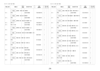 279
FIG.71-51 SEAT & SEAT TRACK
PROD_DATE MODELS
SPEC
CODE
DESCRIPTION
R
/
P
PART
NUMBER
O
Y
T
REV_REF
FR TO
+----------+
| 71956A | SUPPORT, FRONT SEAT HEADREST
+----------+
2111 - W10# BLACK(TRIM2#) 71930-B2030-C0 1
+----------+
| 71956B | SUPPORT, REAR SEAT HEADREST
+----------+
2111 - W10# BLACK(TRIM2#) 71931-0K040-C1 1
+----------+
| 71970B | SUPPORT ASSY, REAR SEAT HEADREST, RH
+----------+
2111 - W100..LO BLACK(TRIM2#) 71930-BZ040-C1 1
2111 - W10#..HI,MID BLACK(TRIM2#) 71931-0K040-C1 1
+----------+
| 71990A | SUPPORT ASSY, REAR SEAT HEADREST, LH
+----------+
2111 - W10# BLACK(TRIM2#) 71930-0K050-C1 1
+----------+
| 72084 | PAD SUB-ASSY, REAR SEAT CENTER ARMREST, NO.2
+----------+
2111 - W101 72857-BZ010- 1
+----------+
| 72110A | TRACK ASSY, FRONT SEAT, OUTER RH
+----------+
2111 - W10# 72110-BZ320- 1
+----------+
| 72120 | TRACK ASSY, FRONT SEAT, OUTER LH
+----------+
2111 - W10# 72120-BZ290- 1
+----------+
| 72125A | COVER, SEAT TRACK, UPPER REAR
+----------+
2111 - W10# BLACK(TRIM2#) 72125-BZ010-C0 2
+----------+
| 72125F | COVER, SEAT TRACK, UPPER REAR LH
+----------+
2111 - W10# BLACK(TRIM2#) 72125-BZ010-C0 2
+----------+
| 72125S | COVER, FRONT SEAT TRACK, UPPER REAR RH
+----------+
2111 - W10# BLACK(TRIM2#) 72125-B1030-C0 1
FIG.71-51 SEAT & SEAT TRACK
PROD_DATE MODELS
SPEC
CODE
DESCRIPTION
R
/
P
PART
NUMBER
O
Y
T
REV_REF
FR TO
+----------+
| 72125T | COVER, FRONT SEAT TRACK, UPPER REAR LH
+----------+
2111 - W10# BLACK(TRIM2#) 72125-B1030-C0 1
+----------+
| 72127A | COVER, SEAT TRACK BRACKET, INNER FRONT RH
+----------+
2111 - W10# 72127-BZ020- 2
+----------+
| 72127E | COVER, SEAT TRACK BRACKET, INNER FRONT
+----------+
2111 - W10# 72127-BZ020- 2
+----------+
| 72129 | PROTECTOR, SEAT TRACK LOWER RAIL, NO.1
+----------+
2111 - W10# BLACK(TRIM2#) 72129-B1010-C0 2
+----------+
| 72129A | PROTECTOR, SEAT TRACK LOWER RAIL, NO.2
+----------+
2111 - W10# 72129-BZ100- 2
+----------+
| 72129B | PROTECTOR, SEAT TRACK LOWER RAIL
+----------+
2111 - W10# BLACK(TRIM2#) 72129-BZ190-C0 1
+----------+
| 72129C | PROTECTOR, SEAT TRACK LOWER RAIL, NO.3
+----------+
2111 - W10# BLACK(TRIM2#) 72129-B1010-C0 2
+----------+
| 72129D | PROTECTOR, SEAT TRACK LOWER RAIL, NO.4
+----------+
2111 - W10# 72129-BZ100- 2
+----------+
| 72130A | TRACK ASSY, FRONT SEAT, INNER RH
+----------+
2111 - W10# 72130-BZ350- 1
+----------+
| 72136 | SPACER, SEAT TRACK, LOWER NO.1
+----------+
2111 - W10#..HI,MID 72169-BZ010- 4
+----------+
| 72137E | COVER, SEAT TRACK, NO.1
+----------+
2111 - W10# BLACK(TRIM2#) 72137-BZ050-C0 4
 