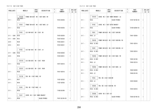 284
FIG.71-51 SEAT & SEAT TRACK
PROD_DATE MODELS
SPEC
CODE
DESCRIPTION
R
/
P
PART
NUMBER
O
Y
T
REV_REF
FR TO
+----------+
| 79103A | FRAME SUB-ASSY, NO.1 SEAT BACK, RH
CONTINUED--+
2111 - W100 79103-BZ030- 1
+----------+
| 79104 | FRAME SUB-ASSY, NO.1 SEAT BACK, LH
+----------+
2111 - W10# 79104-BZ020- 1
+----------+
| 79105 | LEG SUB-ASSY, NO.1 SEAT, RH
+----------+
2111 - 2209 W100 79105-BZ020- 1
2111 - 2209 W101 79105-BZ030- 1
2210 - W100 79105-BZ021- 1
2210 - W101 79105-BZ031- 1
+----------+
| 79106 | LEG SUB ASSY, NO.1 SEAT, LH
+----------+
2111 - 2209 W10# 79106-BZ020- 1
2210 - W10# 79106-BZ021- 1
+----------+
| 79107A | LEG SUB-ASSY, NO.1 SEAT, REAR
+----------+
2111 - W10# 79107-BZ010- 1
+----------+
| 79107C | LEG SUB-ASSY, NO.1 SEAT, REAR
+----------+
2111 - W10# 79107-BZ010- 1
+----------+
| 79175E | PAD, NO.1 SEAT BACK, RH
+----------+
2111 - W101 71507-BZ520- 1
2111 - W100 71507-BZ550- 1
+----------+
| 79185 | PAD, NO.1 SEAT BACK, LH
+----------+
2111 - W10# 71508-BZ390- 1
+----------+
| 79187 | COVER, NO.1 SEAT INNER BRACKET
+----------+
2111 - W10# BLACK(TRIM2#) 79187-BZ180-C0 1
FIG.71-51 SEAT & SEAT TRACK
PROD_DATE MODELS
SPEC
CODE
DESCRIPTION
R
/
P
PART
NUMBER
O
Y
T
REV_REF
FR TO
+----------+
| 79187A | COVER, NO.1 SEAT INNER BRACKET, LH
+----------+
2111 - W10# BLACK(TRIM2#) 79187-BZ160-C0 1
+----------+
| 79188 | COVER, NO.1 SEAT OUTER BRACKET
+----------+
2111 - W10# BLACK(TRIM2#) 79188-BZ050-C0 1
+----------+
| 79201 | FRAME SUB-ASSY, NO.2 SEAT CUSHION
+----------+
2111 - W100..LO 79201-BZ020- 1
+----------+
| 79201B | FRAME SUB-ASSY, NO.2 SEAT CUSHION, RH
+----------+
2111 - W10#..HI,MID 79201-BZ010- 1
+----------+
| 79202 | FRAME SUB-ASSY, NO.2 SEAT CUSHION, LH
+----------+
2111 - W10#..HI,MID 79202-BZ010- 1
+----------+
| 79203A | FRAME SUB-ASSY, NO.2 SEAT BACK, RH
+----------+
2111 - W10#..HI,MID 79203-BZ100- 1
2111 - W100..LO 79303-BZ210- 1
+----------+
| 79204A | FRAME SUB-ASSY, NO.2 SEAT BACK, LH
+----------+
2111 - W10#..HI,MID 79204-BZ020- 1
2111 - W100..LO 79304-BZ120- 1
+----------+
| 79235 | PAD, NO.2 SEAT CUSHION
+----------+
2111 - W100..LO 79235-BZ020- 1
+----------+
| 79235E | PAD, NO.2 SEAT CUSHION, RH
+----------+
2111 - W10#..HI,MID 79235-BZ010- 1
+----------+
| 79236A | COVER, NO.2 SEAT LEG
+----------+
2111 - W10#..HI,MID BLACK(TRIM2#) 79236-BZ190-C0 1
 